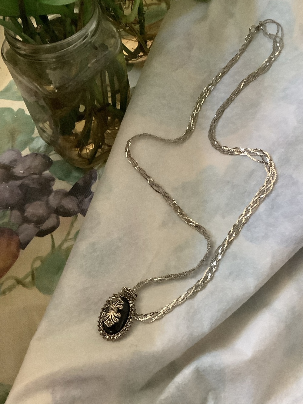 Silver-tone Black Pendant Necklace with Decorative Accent